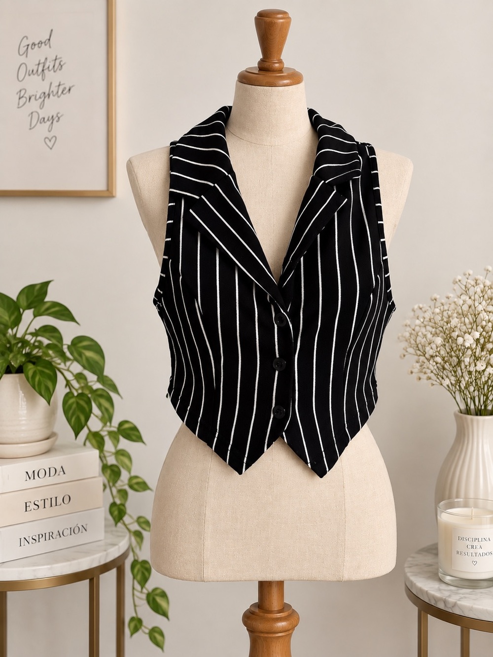 SHEIN Black Vertical-Stripe Buttoned Crop Vest